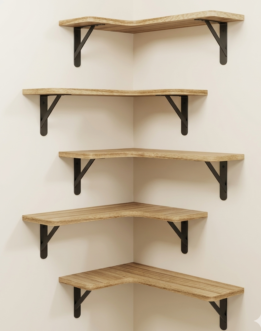 Étagère Murale d'Angle Bois Massif – Lot de 5 Support 18 kg