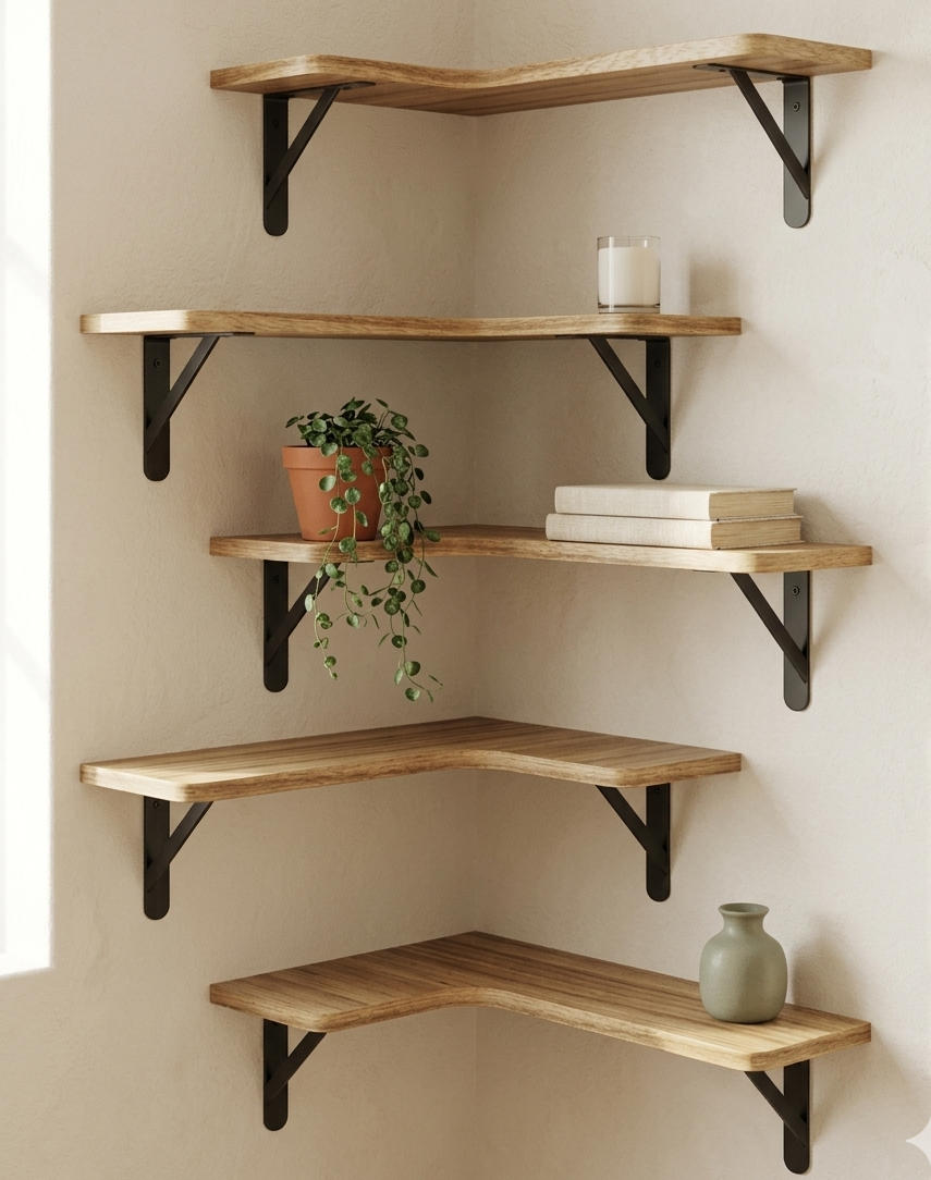 Étagère Murale d'Angle Bois Massif – Lot de 5 Support 18 kg