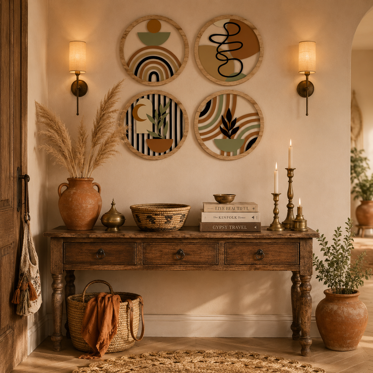 Lot de 4 Tableaux Muraux Ronds Bois – Déco Bohème Abstraite