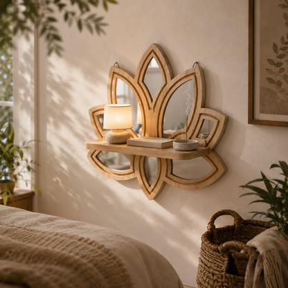 Étagère Murale Bois Forme Lotus & Miroirs – Déco Fleur Bohème