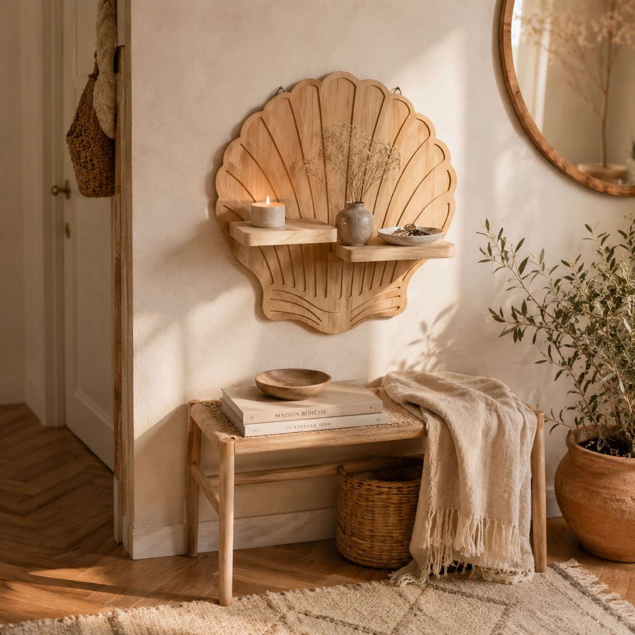 Étagère Murale Bois Spirale Coquillage – Déco Bohème Ronde Design