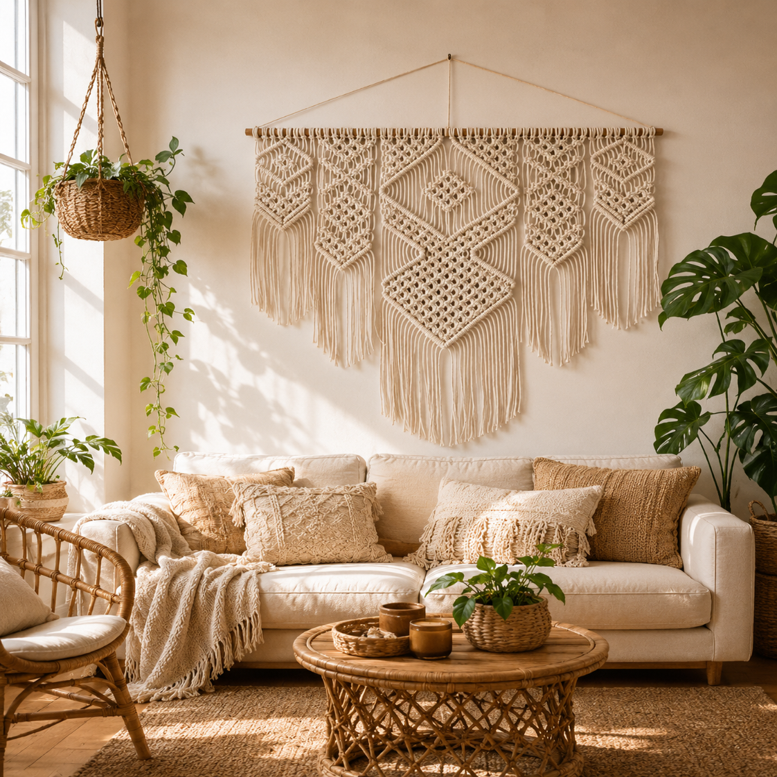 Grande Tenture Murale Macramé – Déco Bohème Losanges Boho