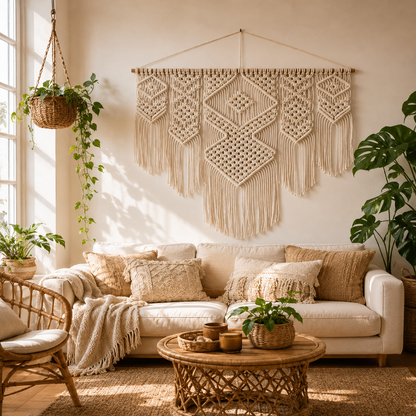 Grande Tenture Murale Macramé – Déco Bohème Losanges Boho
