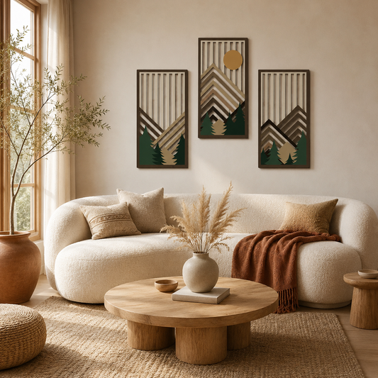 Lot de 3 Tableaux Muraux Bois Montagne – Déco Nature Moderne