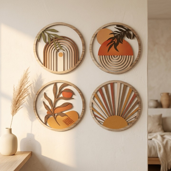 Lot de 4 Décorations Murales Rondes Bois – Soleil Bohème Terre