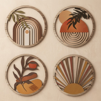 Lot de 4 Décorations Murales Rondes Bois – Soleil Bohème Terre