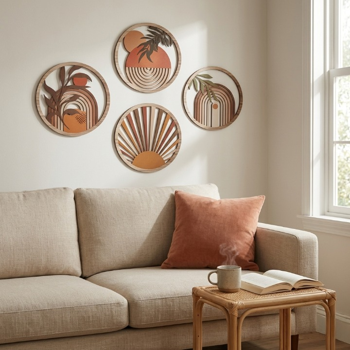 Lot de 4 Décorations Murales Rondes Bois – Soleil Bohème Terre