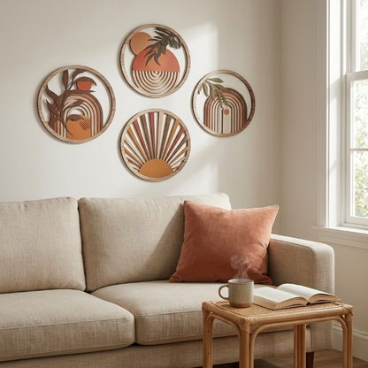 Lot de 4 Décorations Murales Rondes Bois – Soleil Bohème Terre
