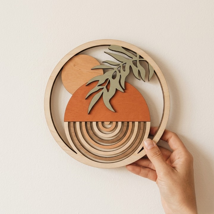 Lot de 4 Décorations Murales Rondes Bois – Soleil Bohème Terre