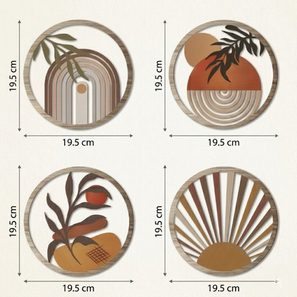 Lot de 4 Décorations Murales Rondes Bois – Soleil Bohème Terre