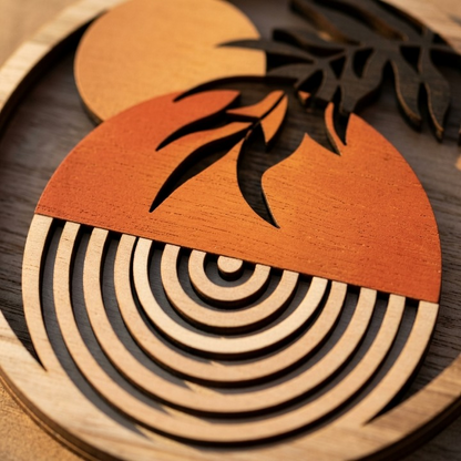 Lot de 4 Décorations Murales Rondes Bois – Soleil Bohème Terre