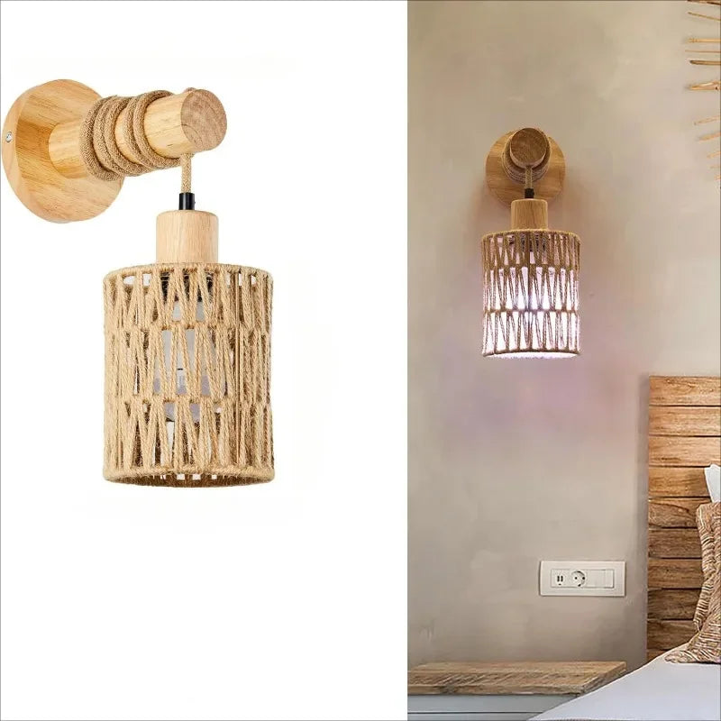 Hemp Rope Design Bedhead Wall Lamp Cylindrical Shaped Wall Light for Bedroom Farmhouse Countryside Decorative Lighting Lampshade