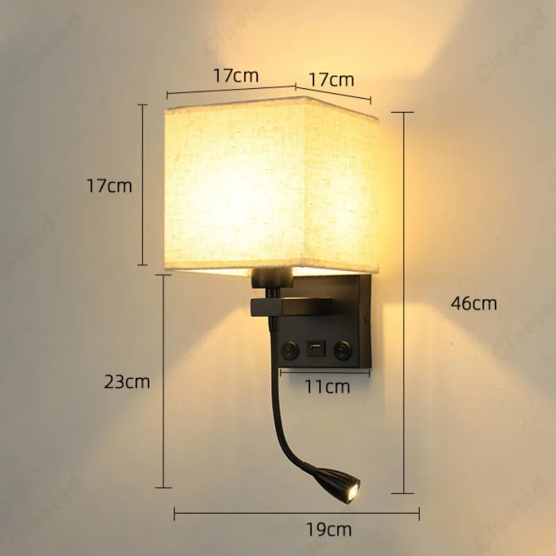 LED Fabric Lampshade E27 with Switch Wall Light USB Charging Port Adjustable Angle Spotlight Bedroom Bedside Reading Light