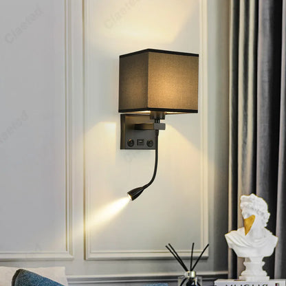 LED Fabric Lampshade E27 with Switch Wall Light USB Charging Port Adjustable Angle Spotlight Bedroom Bedside Reading Light