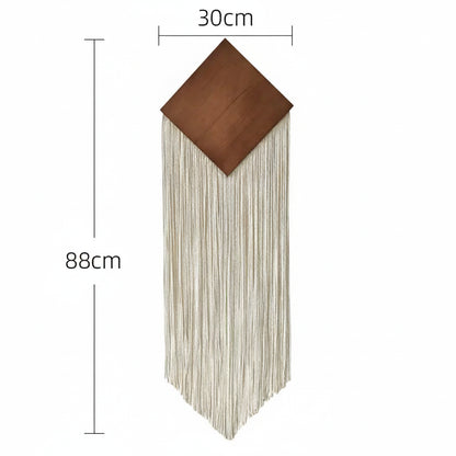 Tenture Murale Bohème Losange Bois & Franges Coton – Tissée Main