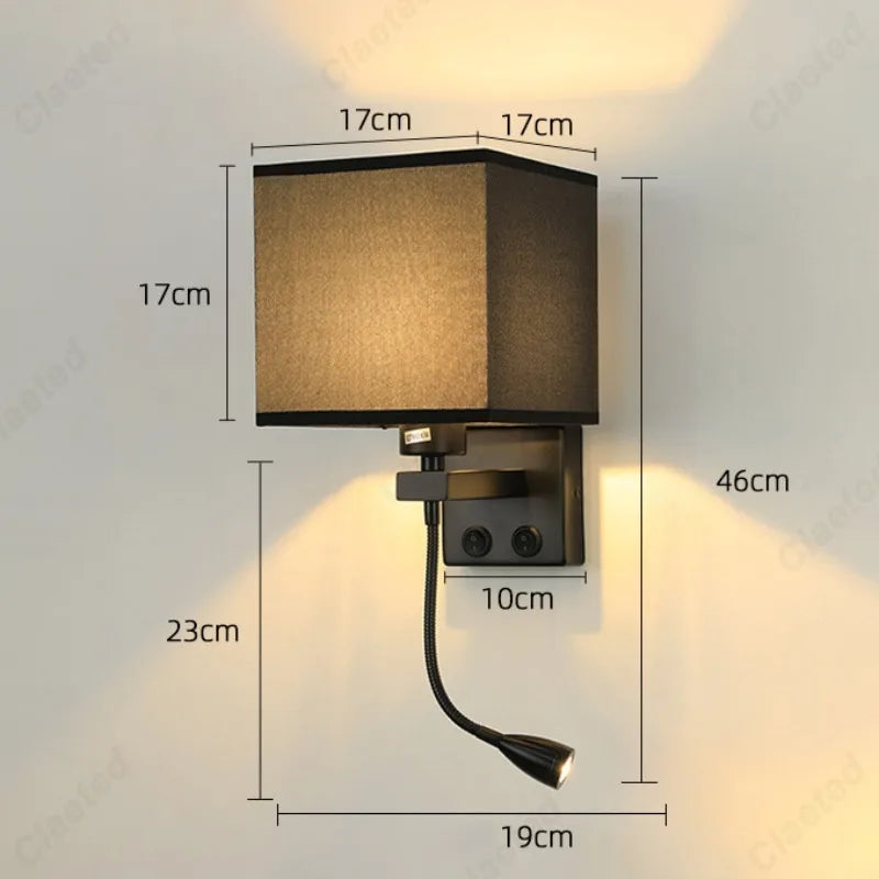 LED Fabric Lampshade E27 with Switch Wall Light USB Charging Port Adjustable Angle Spotlight Bedroom Bedside Reading Light