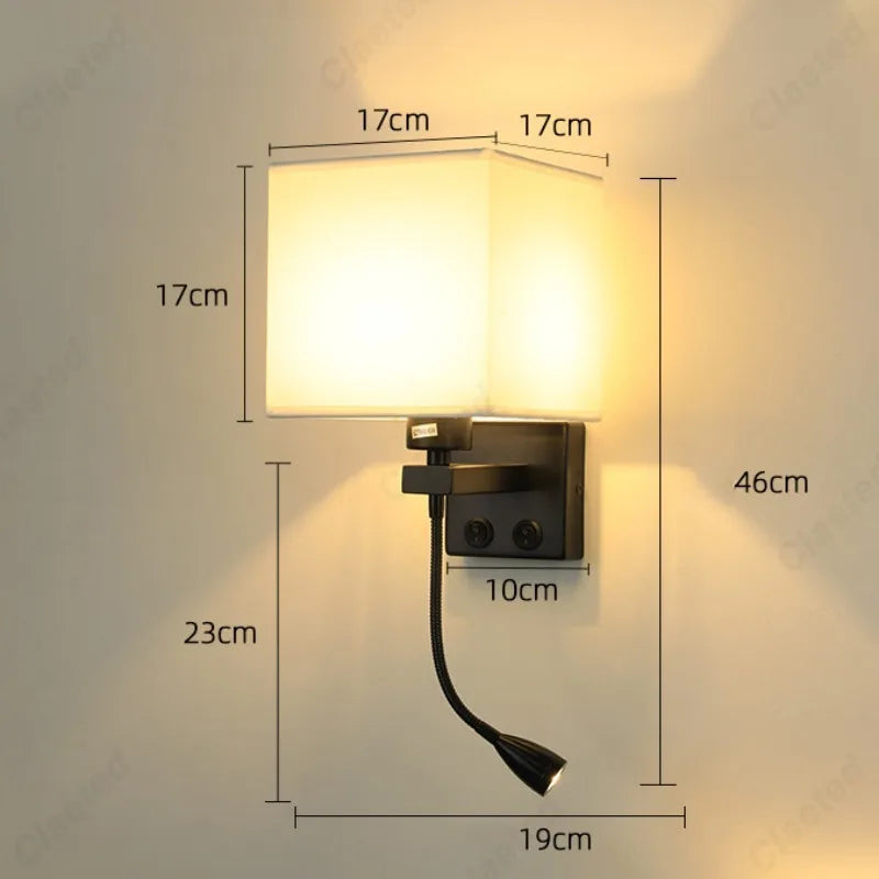 LED Fabric Lampshade E27 with Switch Wall Light USB Charging Port Adjustable Angle Spotlight Bedroom Bedside Reading Light