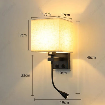 LED Fabric Lampshade E27 with Switch Wall Light USB Charging Port Adjustable Angle Spotlight Bedroom Bedside Reading Light