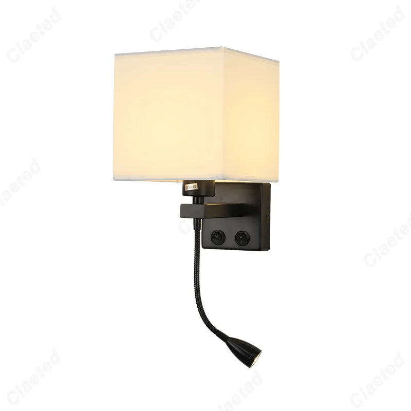 LED Fabric Lampshade E27 with Switch Wall Light USB Charging Port Adjustable Angle Spotlight Bedroom Bedside Reading Light