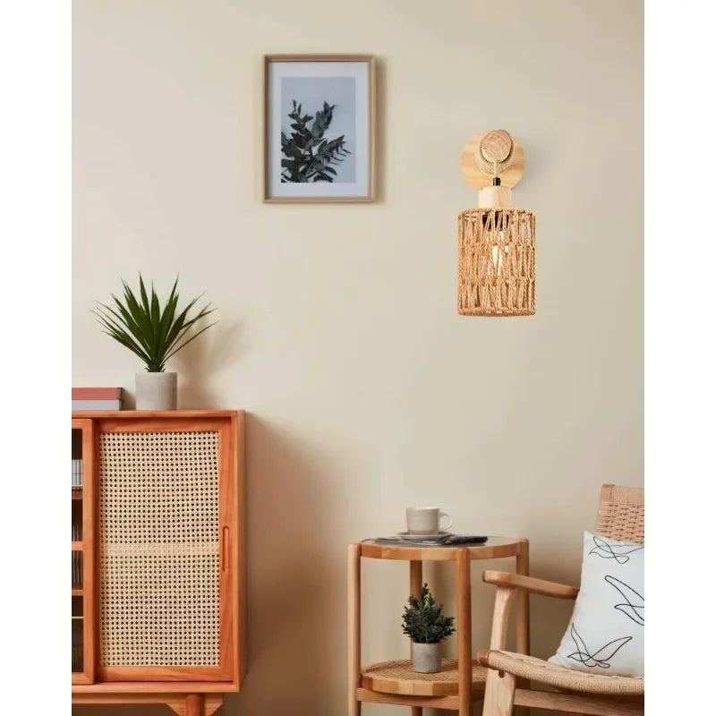 Hemp Rope Design Bedhead Wall Lamp Cylindrical Shaped Wall Light for Bedroom Farmhouse Countryside Decorative Lighting Lampshade