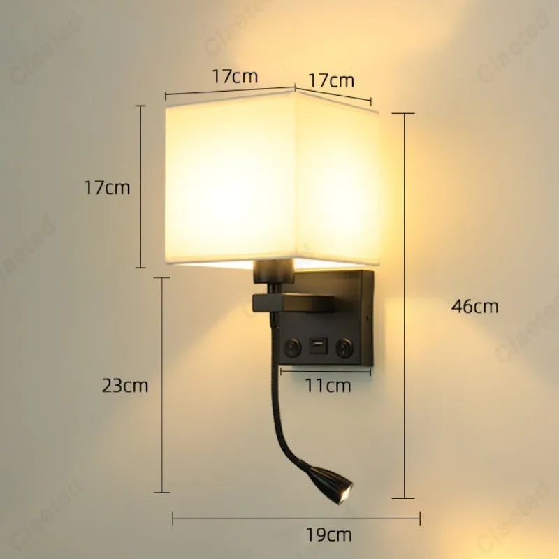 LED Fabric Lampshade E27 with Switch Wall Light USB Charging Port Adjustable Angle Spotlight Bedroom Bedside Reading Light