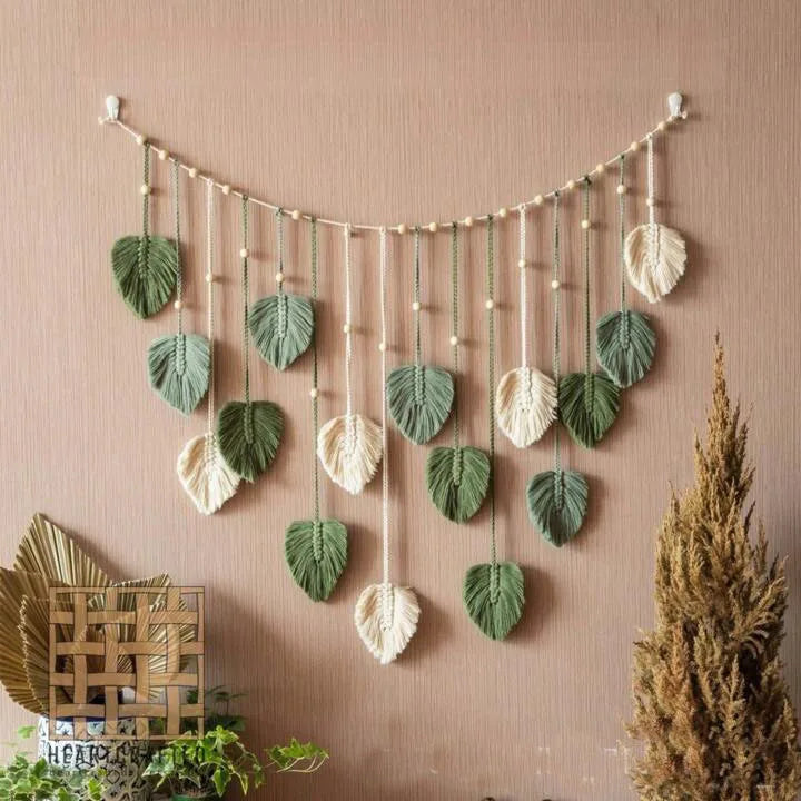 Tenture Murale Macramé Feuilles Vertes – Guirlande Bohème Nature