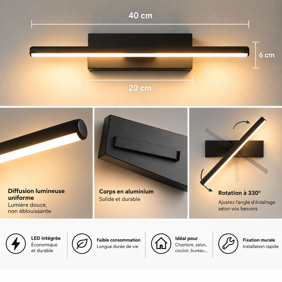 Applique murale LED orientable 330° – Design moderne