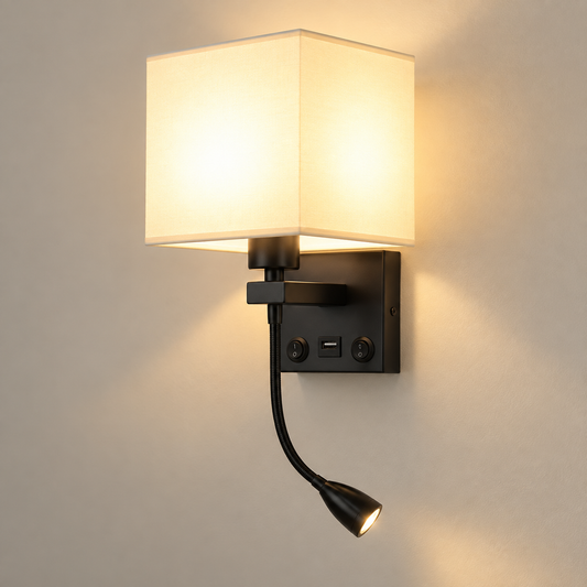 Applique murale avec liseuse LED – Abat-jour en tissu