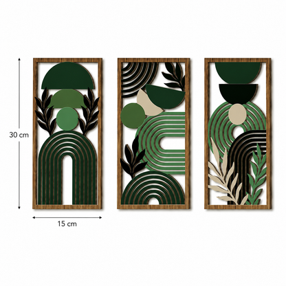Lot de 3 Tableaux Muraux Bois – Déco Géométrique Vert & Doré