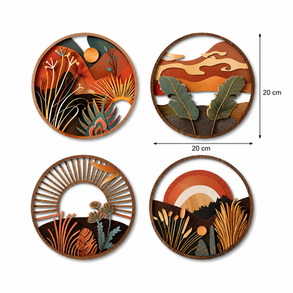 Lot de 4 Tableaux Muraux Ronds Bois – Déco Bohème Paysage