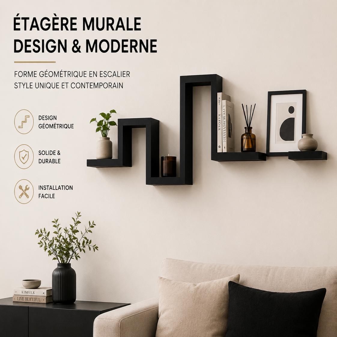 Étagères Murales Flottantes Zigzag Noir – Déco Design Escalier