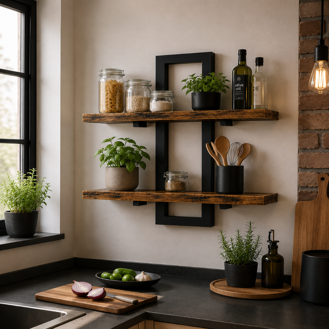 Étagère Murale Bois et Métal Noir – 2 Niveaux Industriel