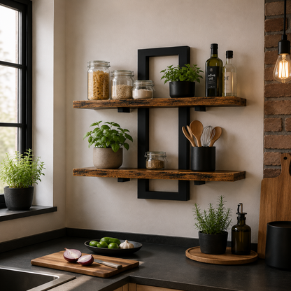 Étagère Murale Bois et Métal Noir – 2 Niveaux Industriel