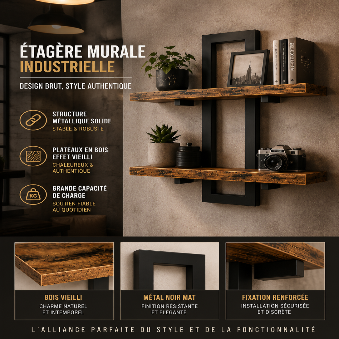 Étagère Murale Bois et Métal Noir – 2 Niveaux Industriel