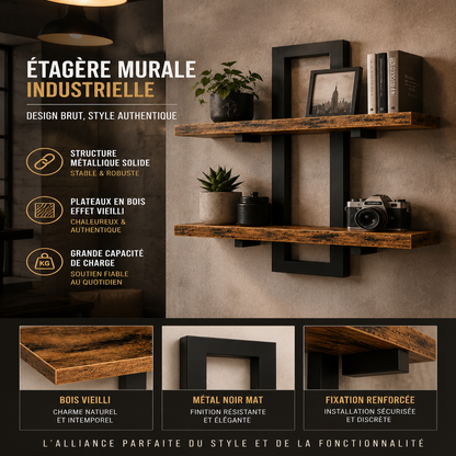 Étagère Murale Bois et Métal Noir – 2 Niveaux Industriel