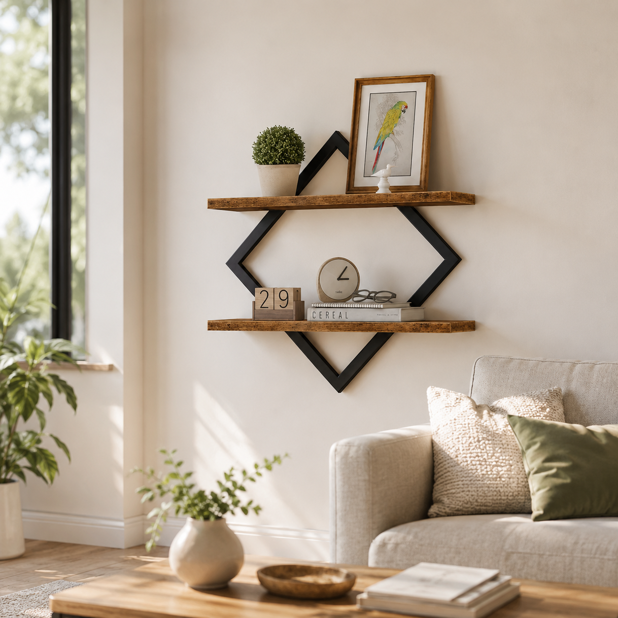 Étagère Murale Flottante 2 Niveaux Losange – Bois & Métal Noir