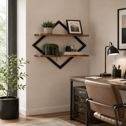 Étagère Murale Flottante 2 Niveaux Losange – Bois & Métal Noir