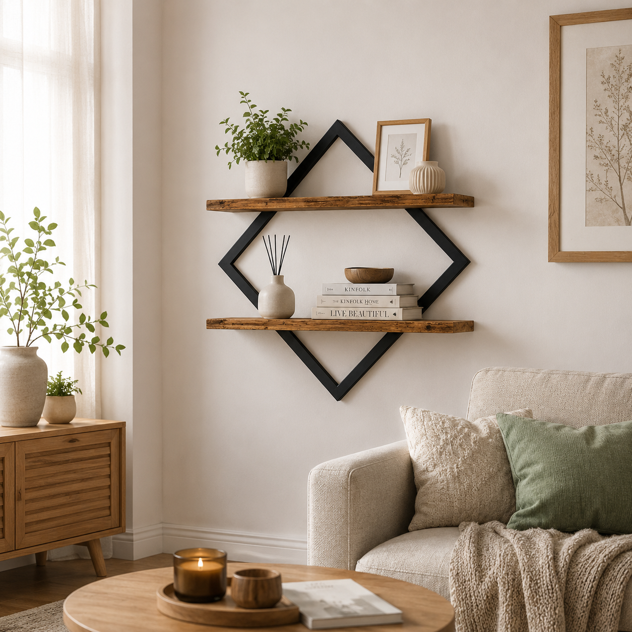Étagère Murale Flottante 2 Niveaux Losange – Bois & Métal Noir