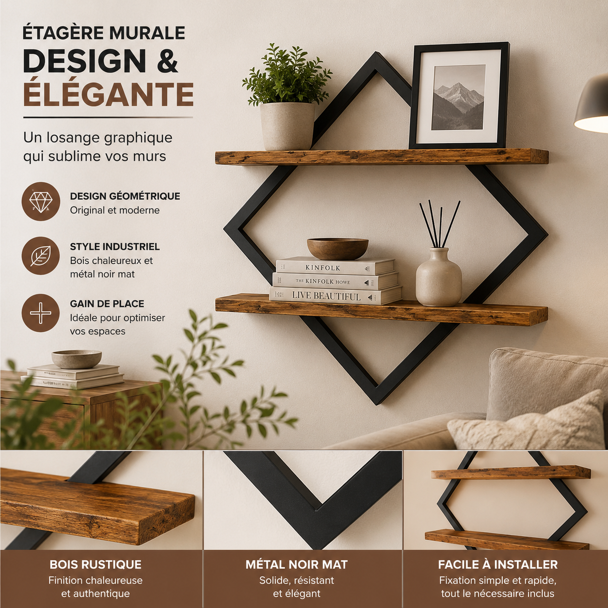 Étagère Murale Flottante 2 Niveaux Losange – Bois & Métal Noir