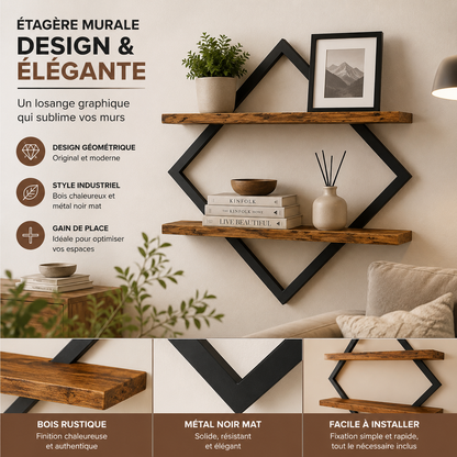 Étagère Murale Flottante 2 Niveaux Losange – Bois & Métal Noir