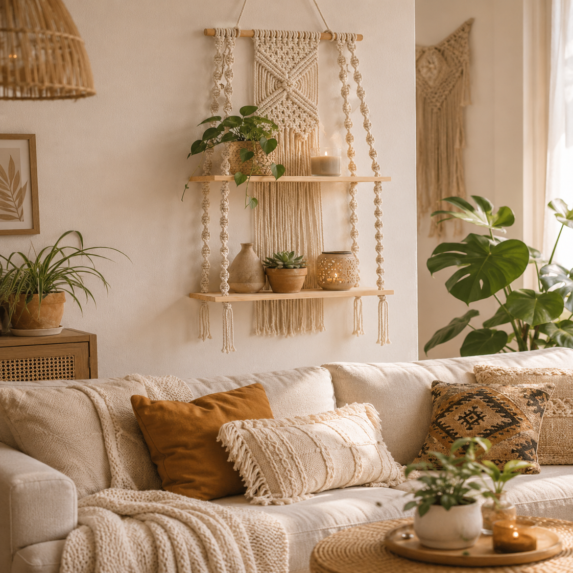 Étagère Murale Macramé Bohème – 2 Niveaux Suspendue Déco