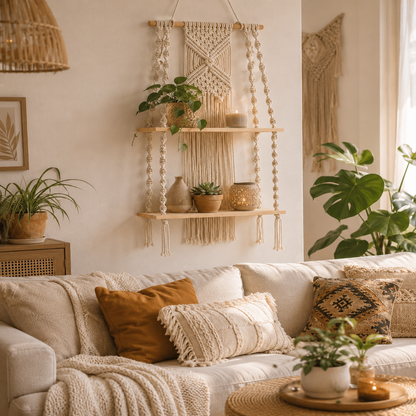 Étagère Murale Macramé Bohème – 2 Niveaux Suspendue Déco