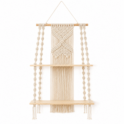 Étagère Murale Macramé Bohème – 2 Niveaux Suspendue Déco