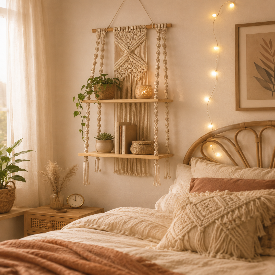 Étagère Murale Macramé Bohème – 2 Niveaux Suspendue Déco