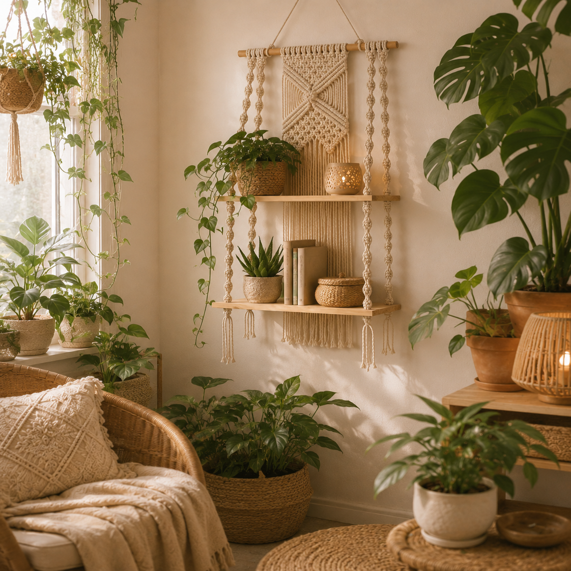 Étagère Murale Macramé Bohème – 2 Niveaux Suspendue Déco