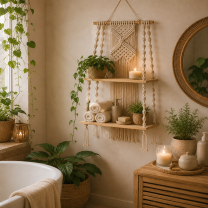 Étagère Murale Macramé Bohème – 2 Niveaux Suspendue Déco
