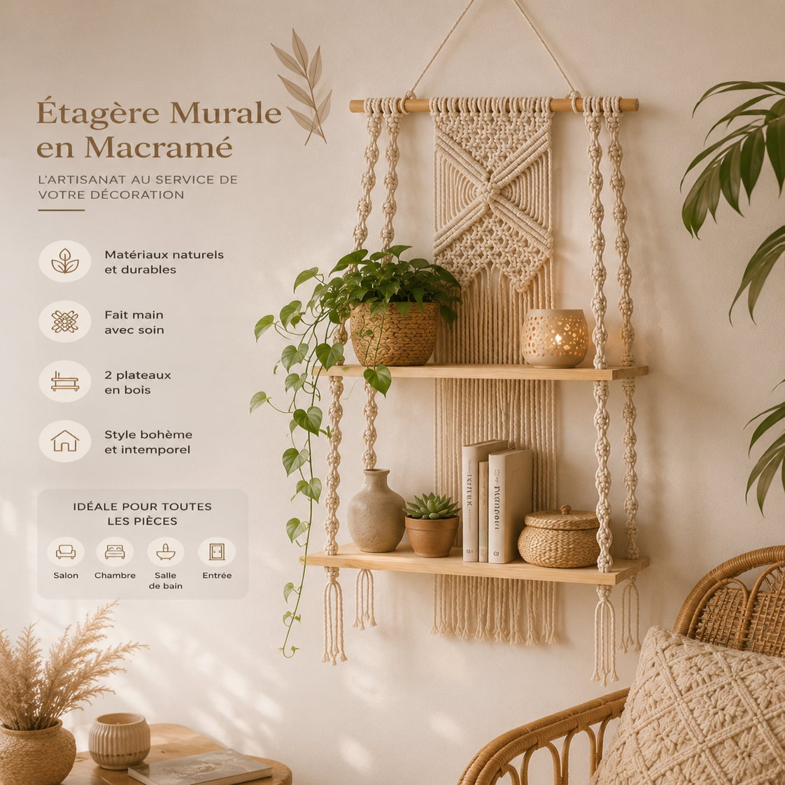 Étagère Murale Macramé Bohème – 2 Niveaux Suspendue Déco
