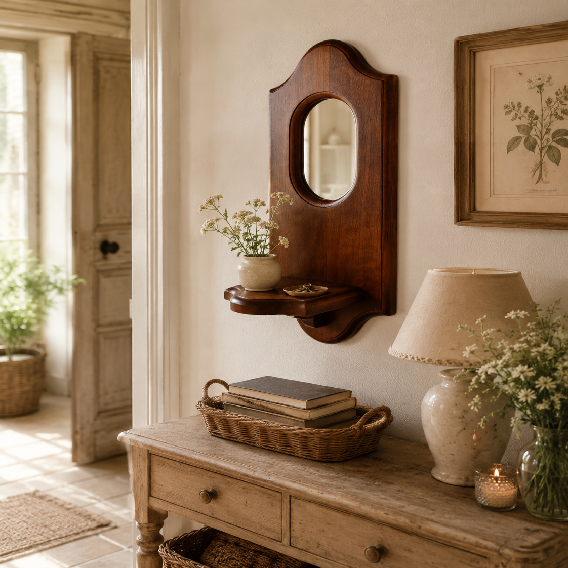 Étagère Murale Bois avec Miroir – Console Entrée Rustique