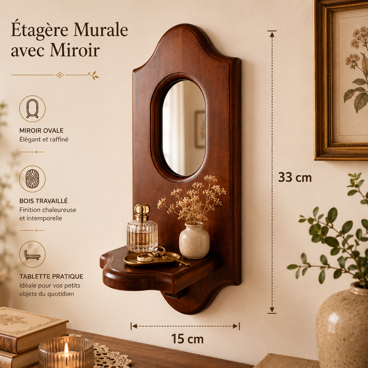Étagère Murale Bois avec Miroir – Console Entrée Rustique