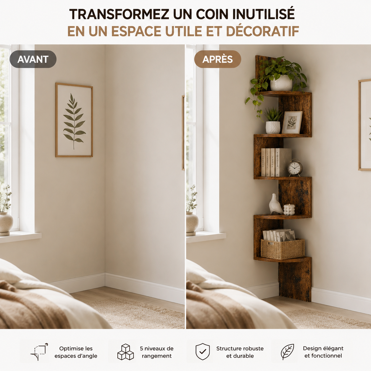 Étagère d'Angle Murale 5 Niveaux Bois – Étagère Zigzag Coin